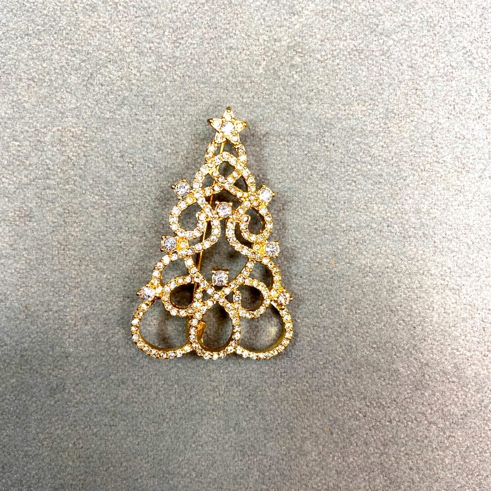 Rhinestone Christmas Tree Brooch Fun Pattern Gift Box 2.5” tall x 1.5” wide